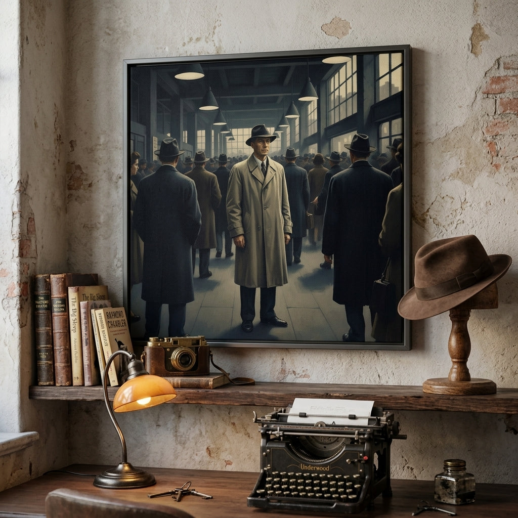 Vintage interior with a Canvas print of a man in a trench coat standing in a train station, an old typewriter, lamp, and books.