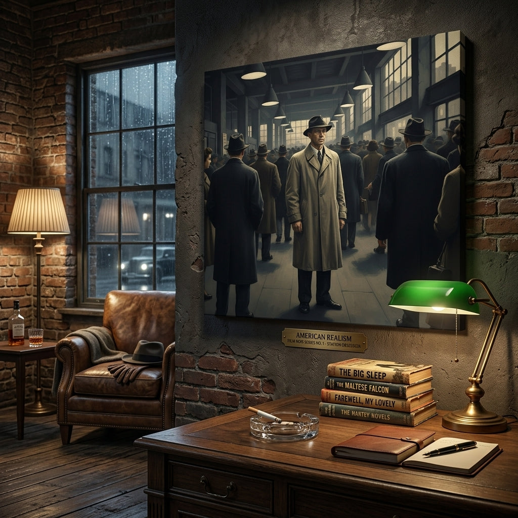 Dramatic interior scene with a Canvas print of a man in a trench coat, books on a desk, and a lamp.