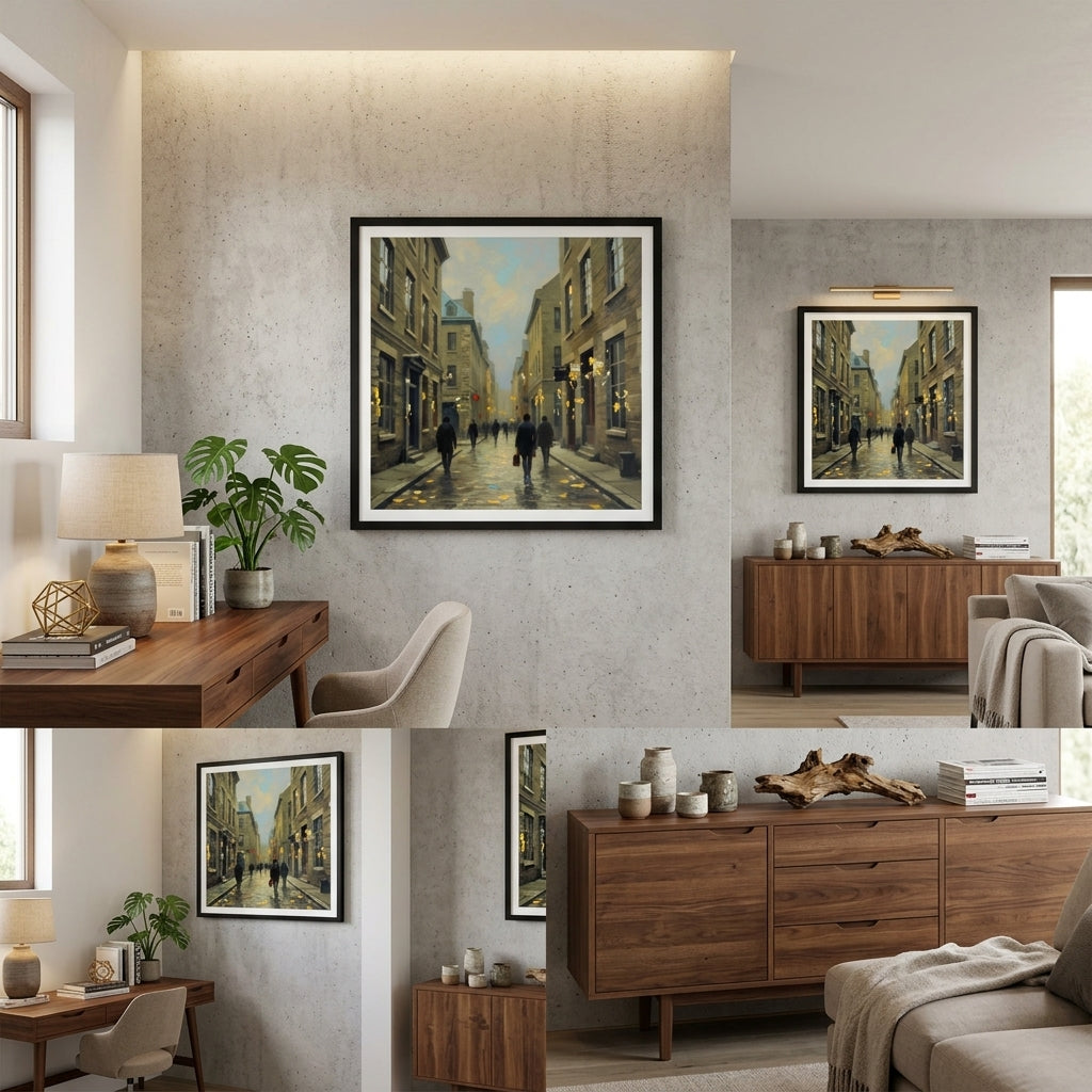 Collage of Living rooms with wooden furniture, framed Impressionist artwork on the wall, and various decorative items.