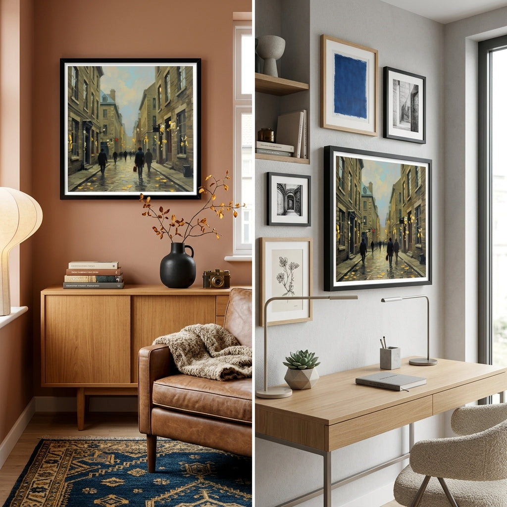 Two room settings with framed artwork on walls, one with a wooden cabinet and chair, the other with a desk and chair.