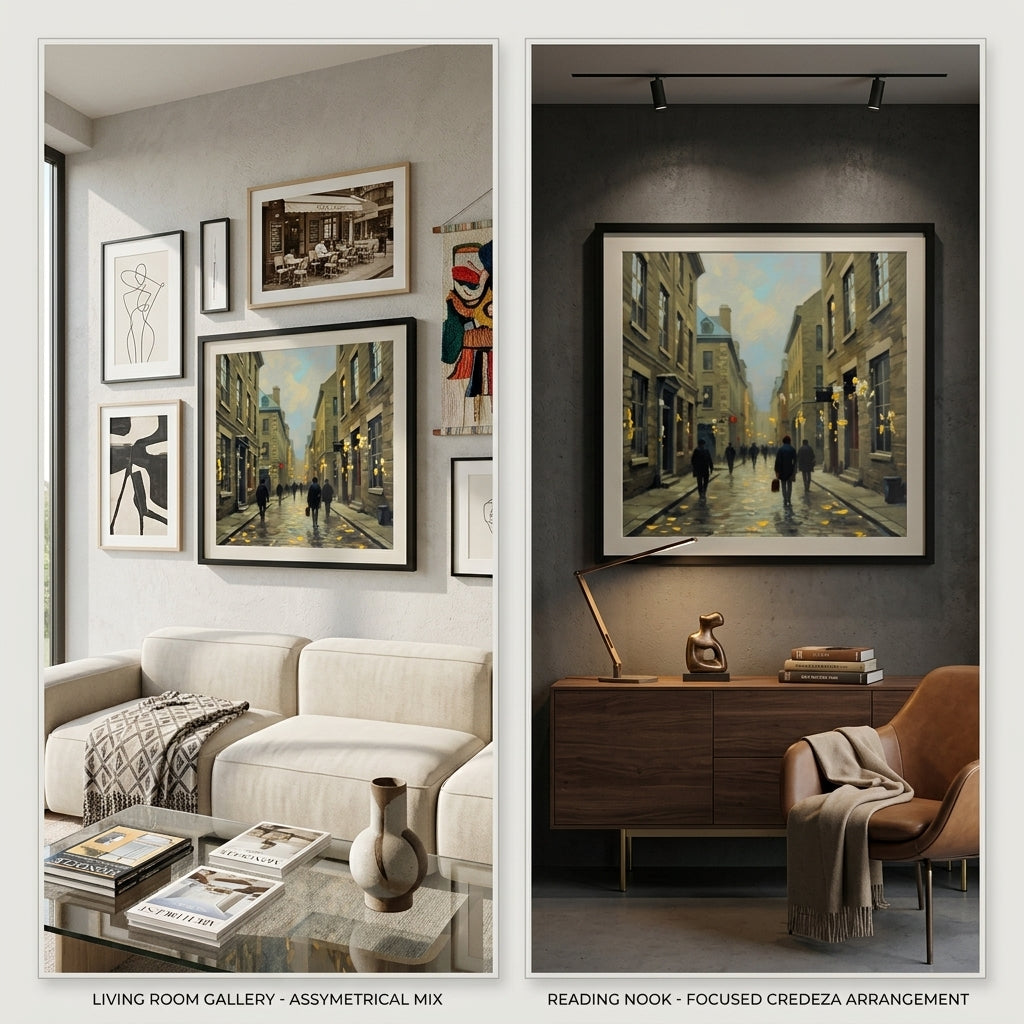 Collage of a Living room with impressionist framed wall art and a reading nook with a large framed impressionist print.