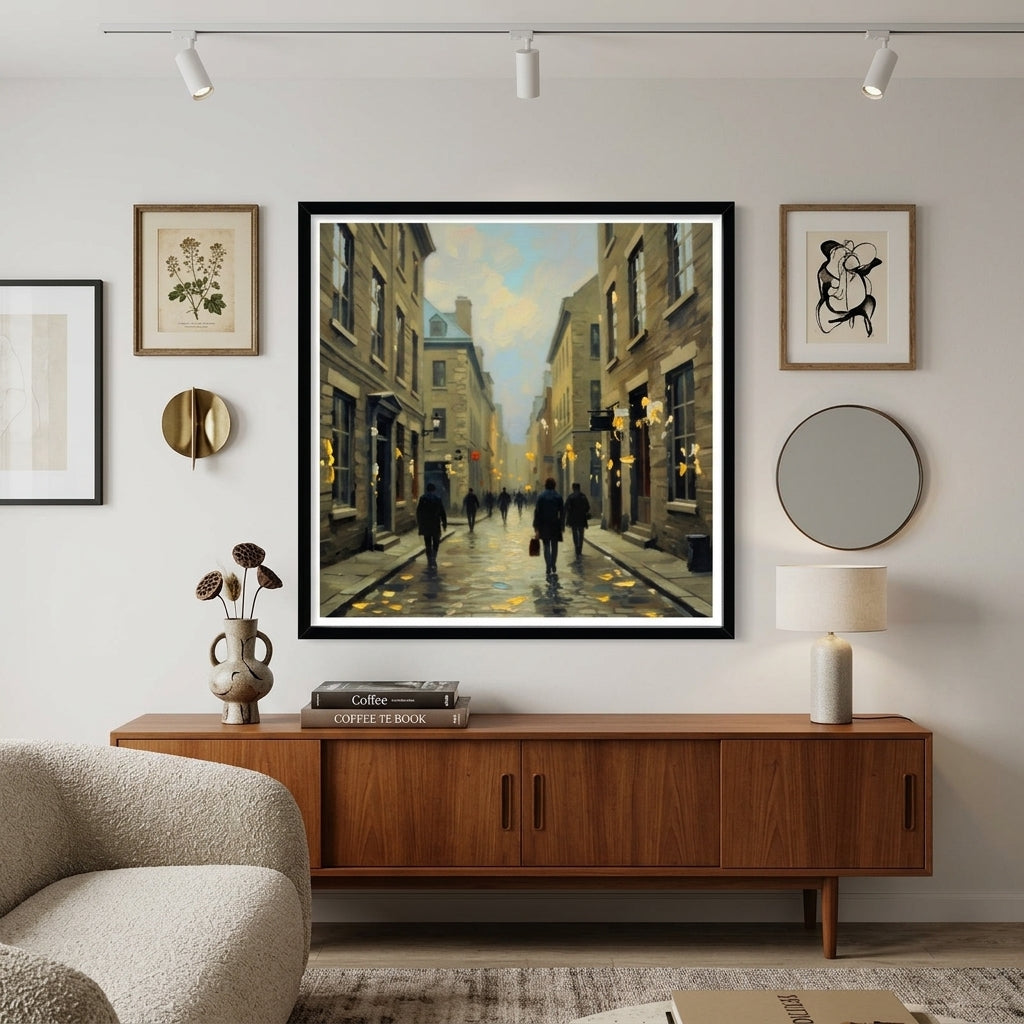 Living room with a large framed painting of a city street, wooden cabinet, and decorative items.