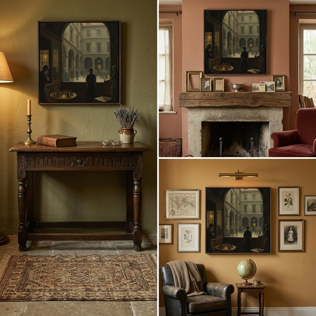 Collage of interior décor elements including a wooden console table, fireplace, and neo classical wall art.