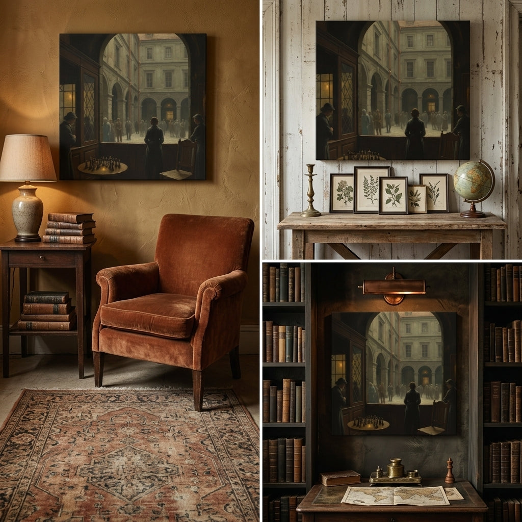Collage of a cozy room with a brown armchair, framed neo classical print canvas, and bookshelf.