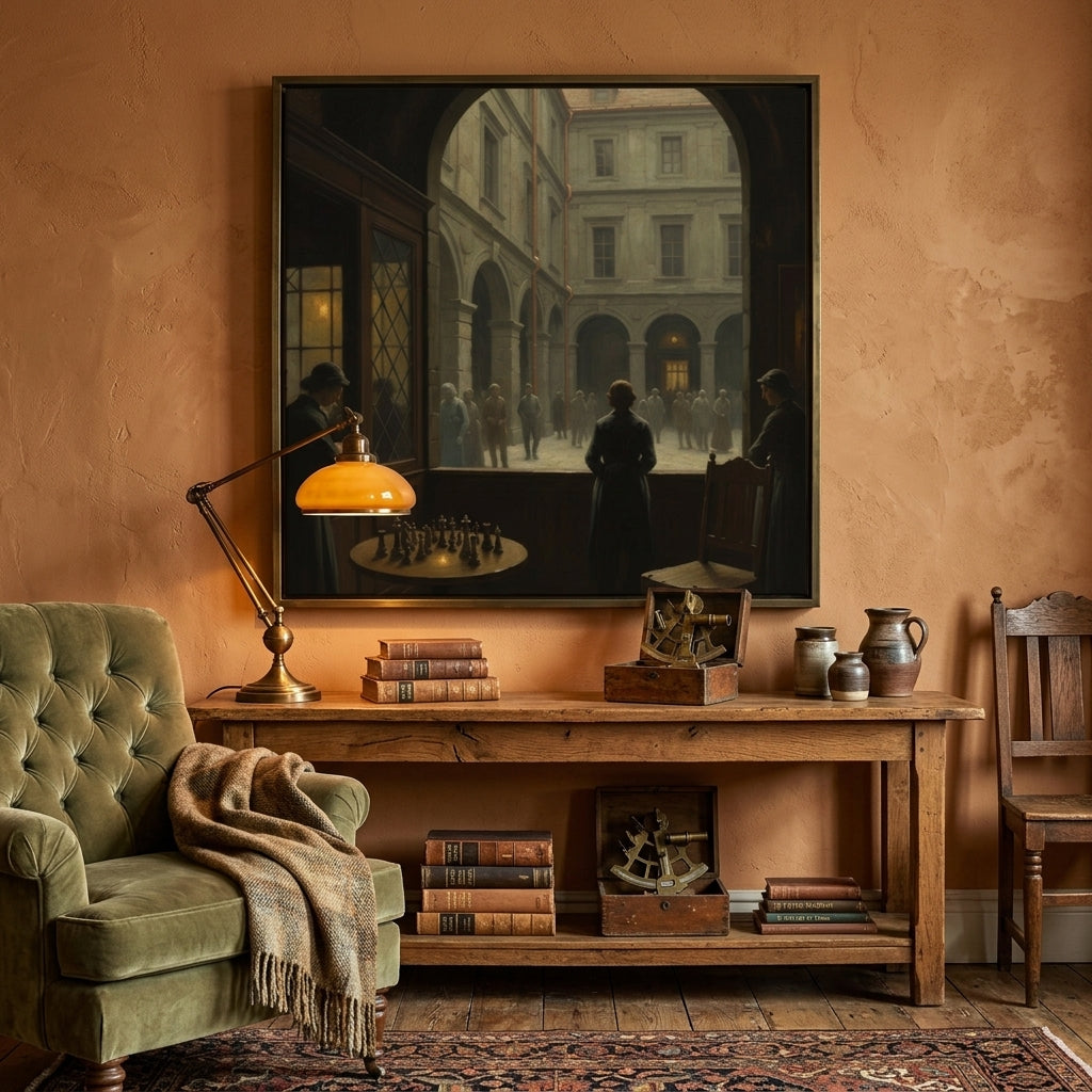 Living room with a green armchair, wooden table, and framed neo classical artwork on the wall.