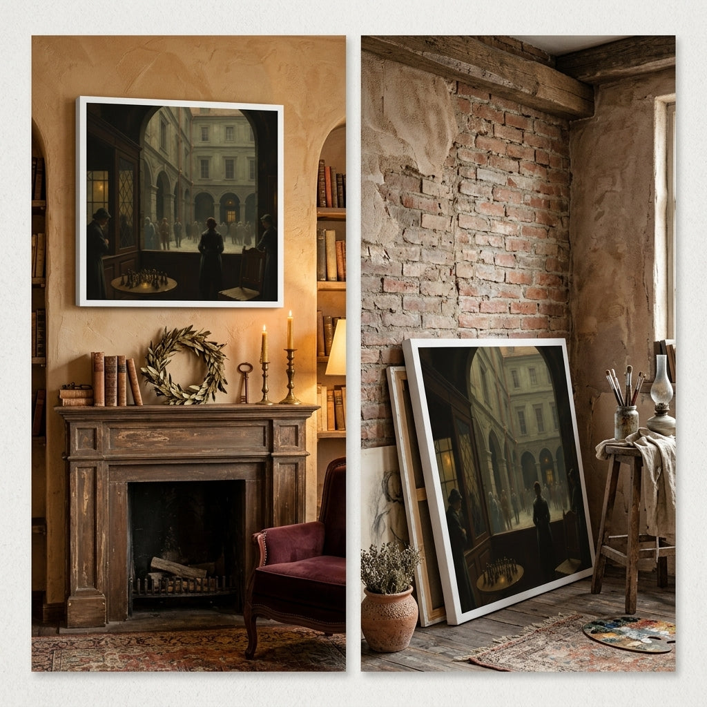Two rooms with neo classical framed artwork on walls, one in a cozy room with a fireplace and books, the other in a rustic setting with a brick wall.