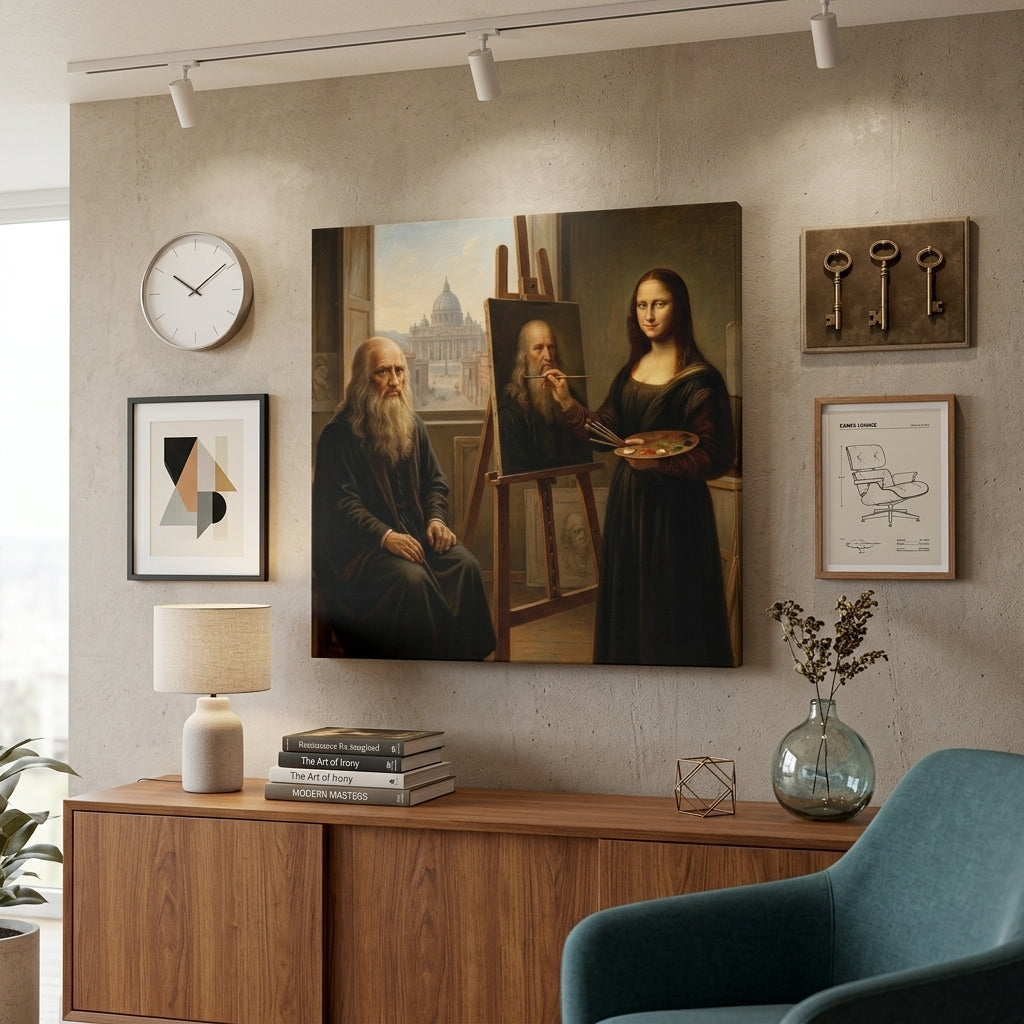 Living room with neo classical parody of the Moa Lisa painting DaVinci and a clock, featuring a wooden cabinet and blue chair.