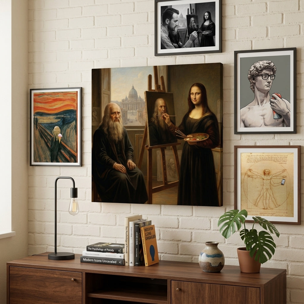 Wall with framed parodied artworks including portraits a newclassical canvas print of the Mona Lisa painting DaVinci and a classical sculpture, with a wooden cabinet below.