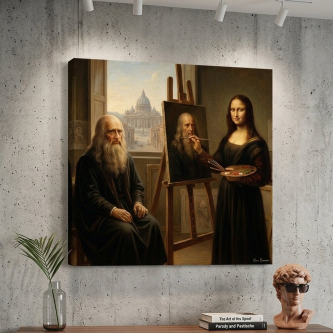 Living room with neo classical parody of the Moa Lisa painting DaVinci and a bust of Apollo wearing sun glasses.