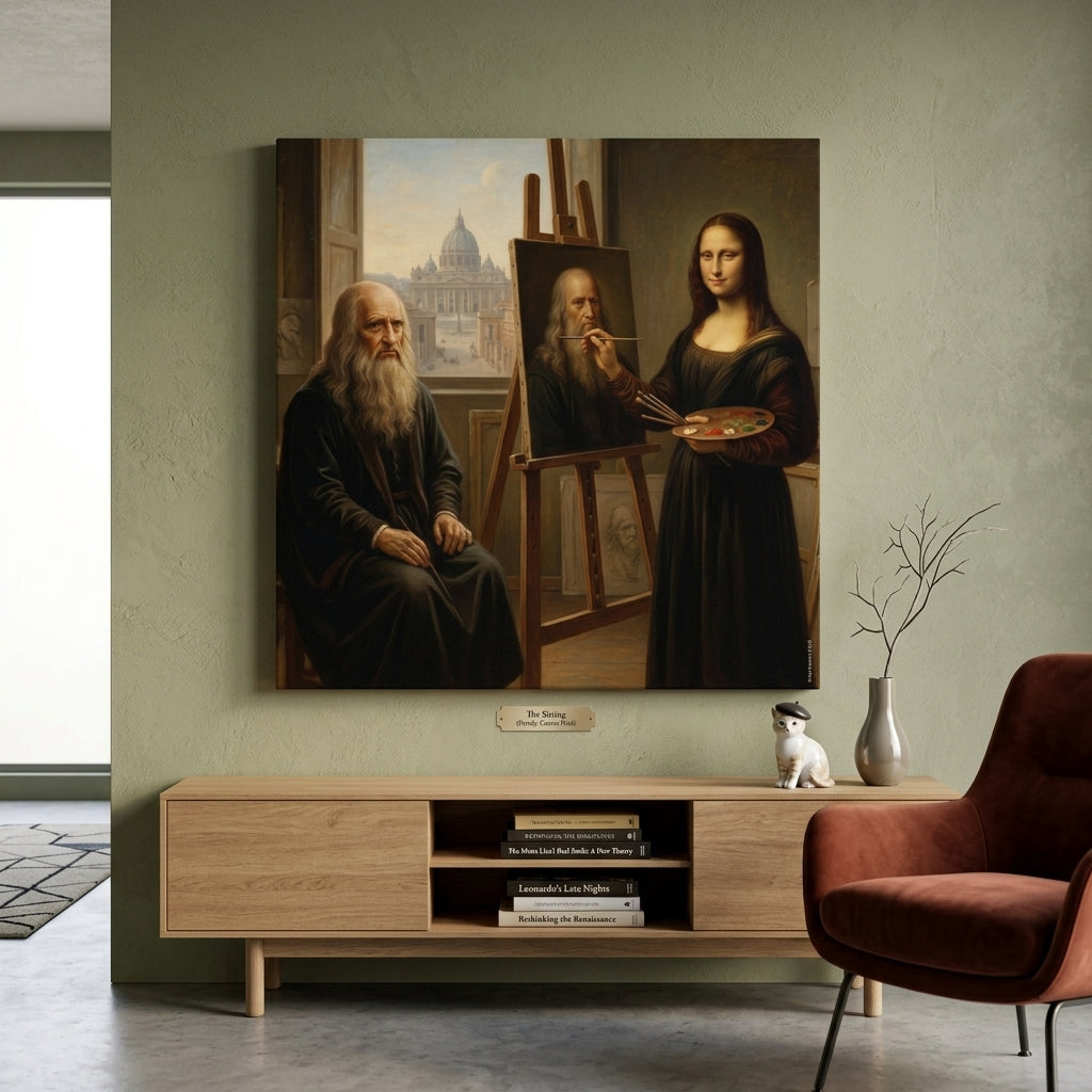 Wall with a neo classical canvas print of the Mona Lisa painting DaVinci with a wooden cabinet below.