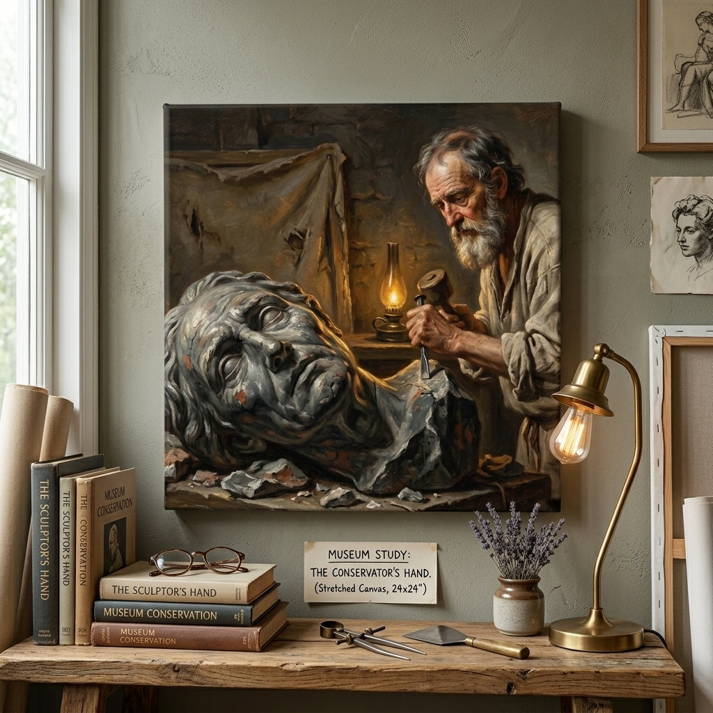 Neo classical portrait print depiction of a sculptor working on a sculpture with books and a lamp in the background.