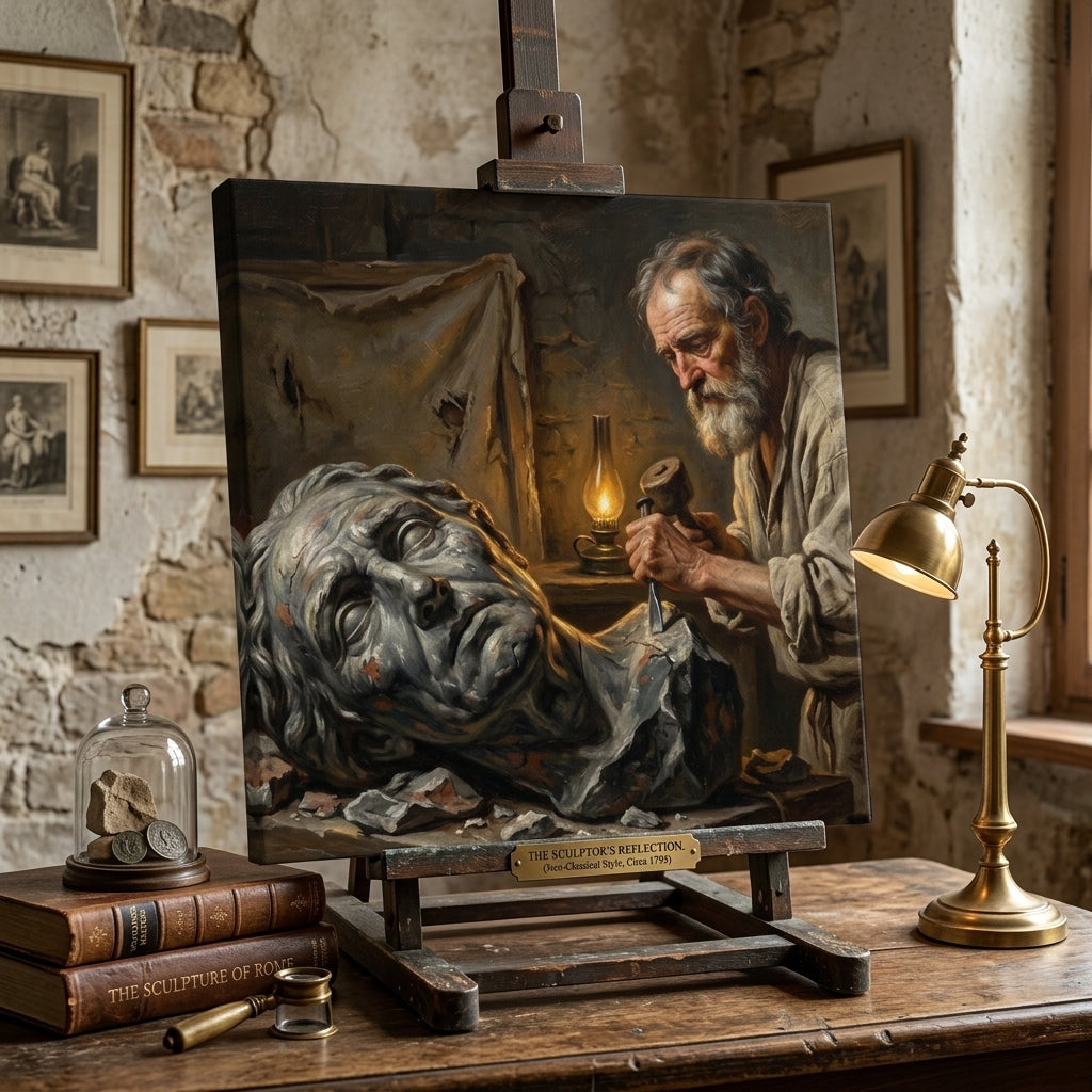 Neo Classical portrait print of a sculptor working on a bust set on a desk in an artistic studio setting.