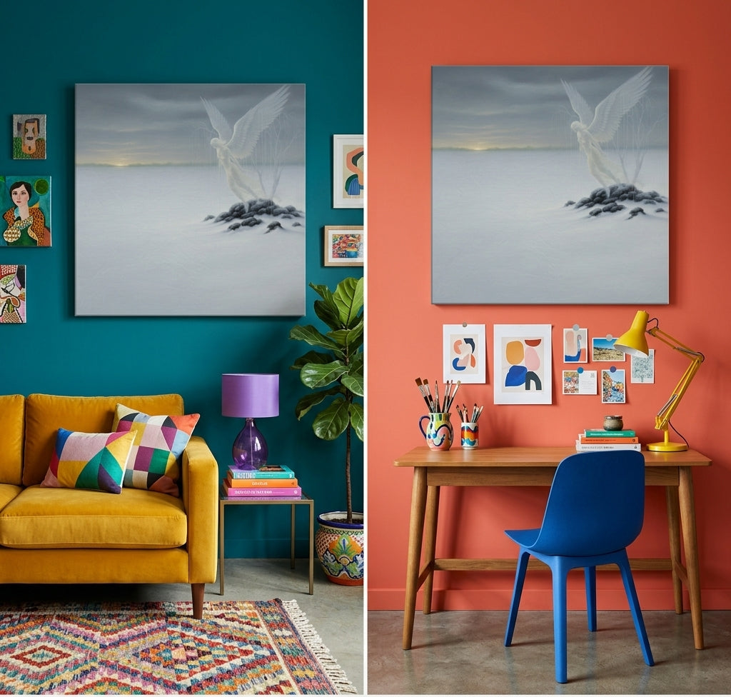 Two interior views with a surrealist print on a blue wall and an orange wall, featuring art deco furniture and decor.