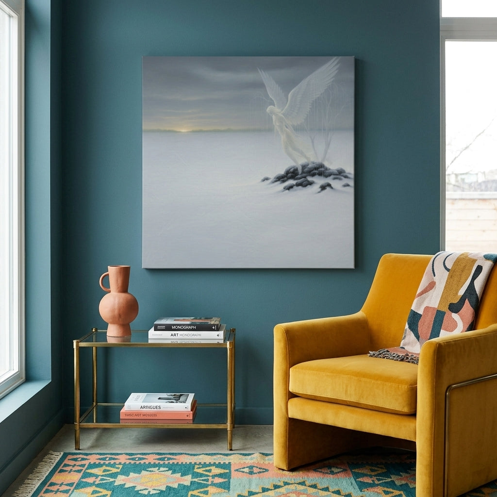 Yellow armchair in a living room with a blue wall, a contrasting surrealistic art print, and a small table with books.