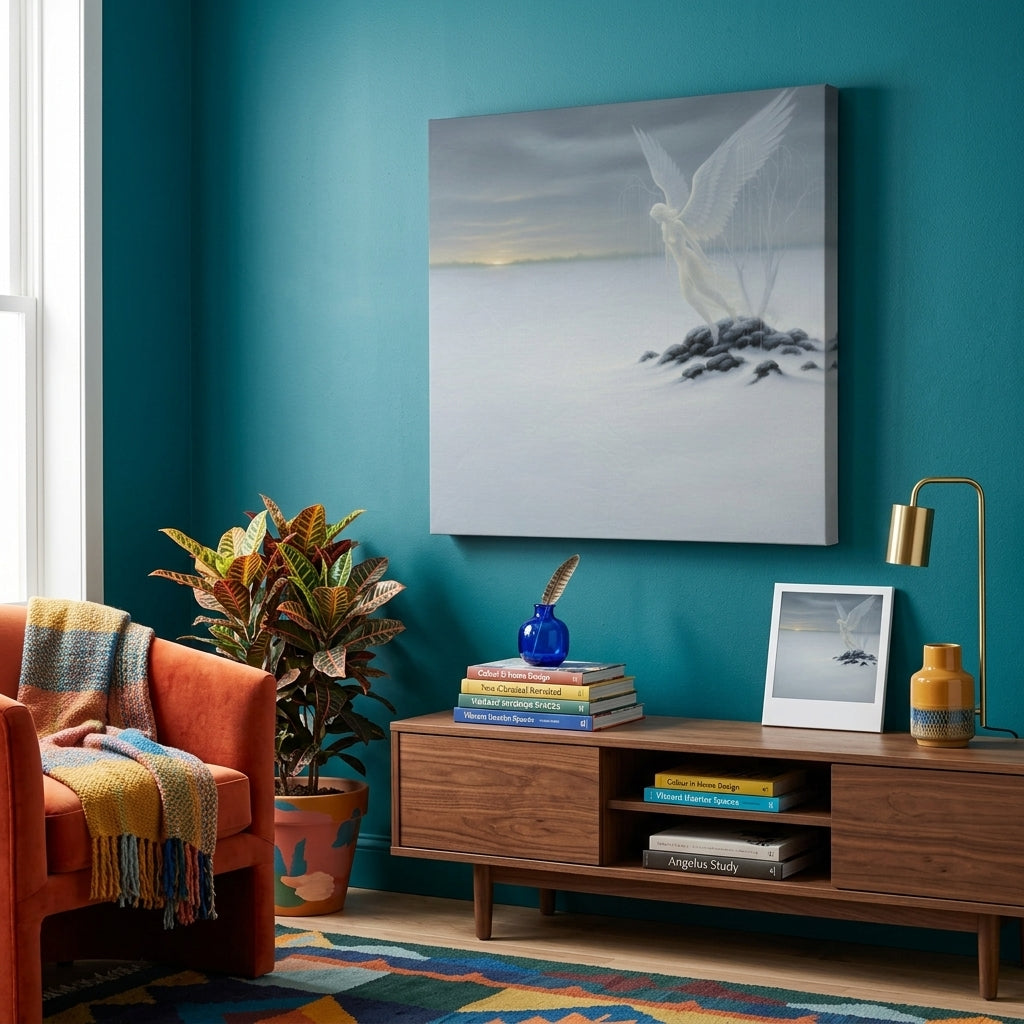 Living room with  a surrealist Canvas hung against teal walls, orange sofa, wooden cabinet,and decorative items.
