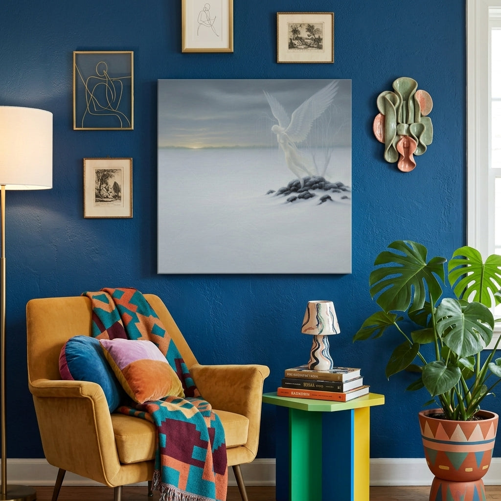 Living room with a surrealist canvas print hung against blue walls, yellow armchair, colorful blanket, and a plant.