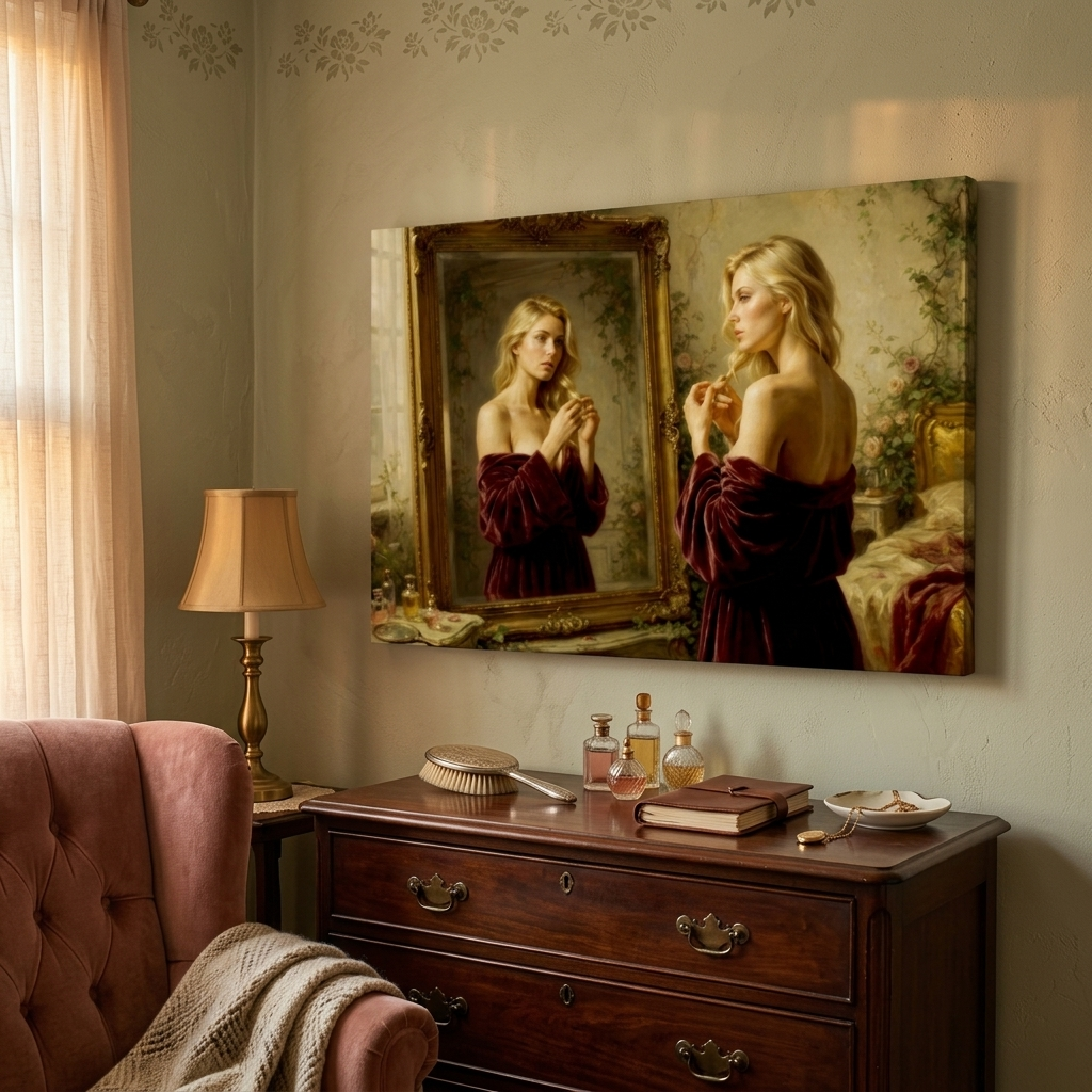 A large rectangular wall art print depicting a classical painting of a woman looking into an ornate mirror, hung on a wall above a wooden dresser in a styled bedroom setting.