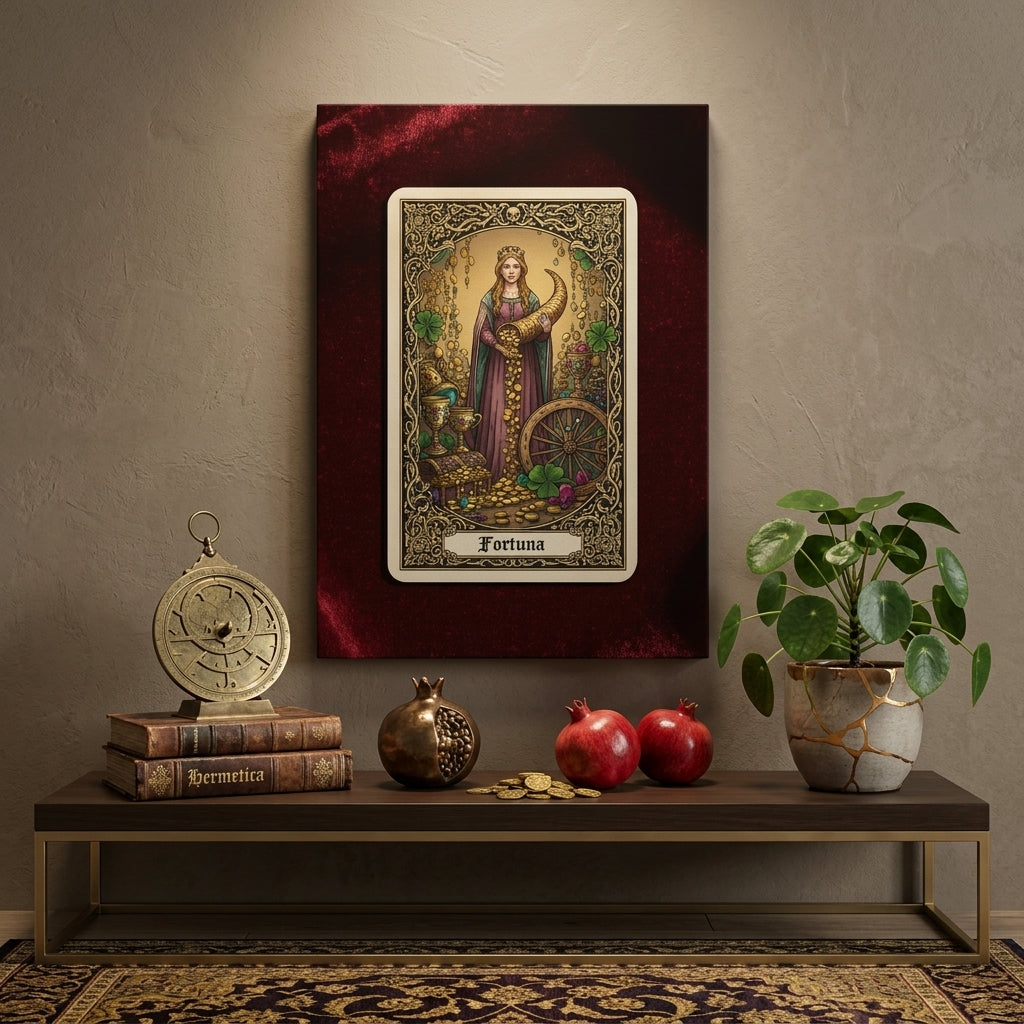 Framed tarot card of Fortuna on a shelf with decorative items.