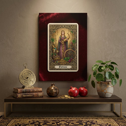 Framed tarot card of Fortuna on a shelf with decorative items.