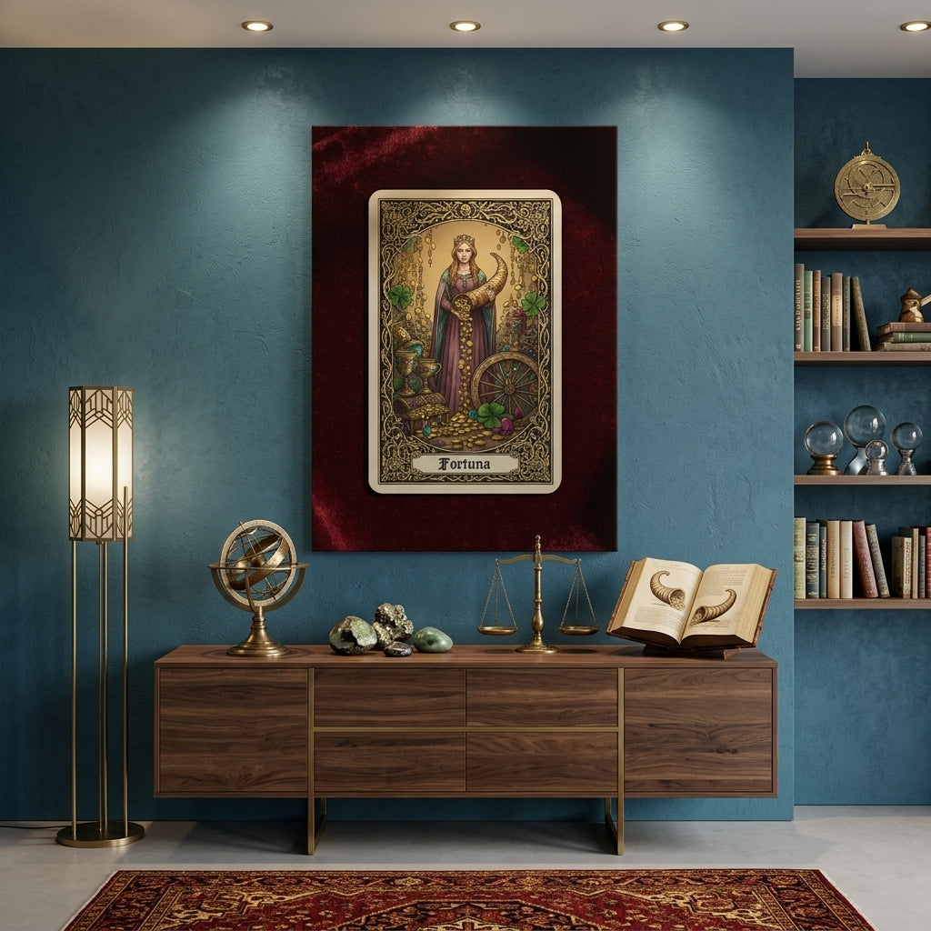 Decorative interior with a tarot card painting, wooden cabinet, and bookshelf.