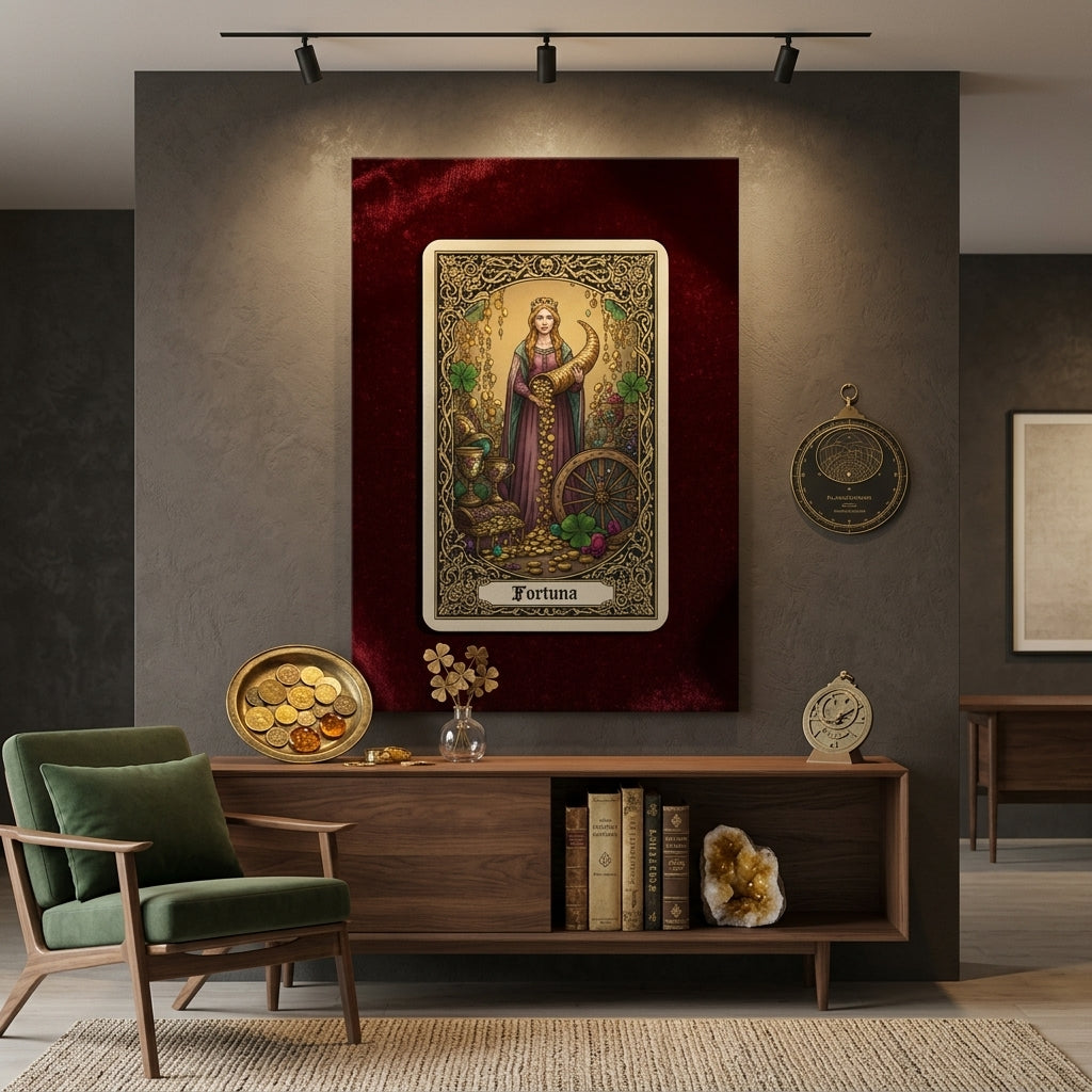 Living room with a tarot card painting of 'Fortuna' on the wall, green armchair, and wooden cabinet.
