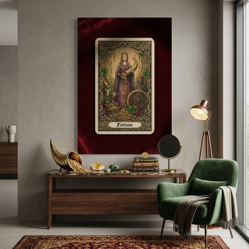 Decorative tarot card painting on a wall in a stylish room with a green armchair and wooden table.
