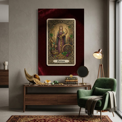 Decorative tarot card painting on a wall in a stylish room with a green armchair and wooden table.