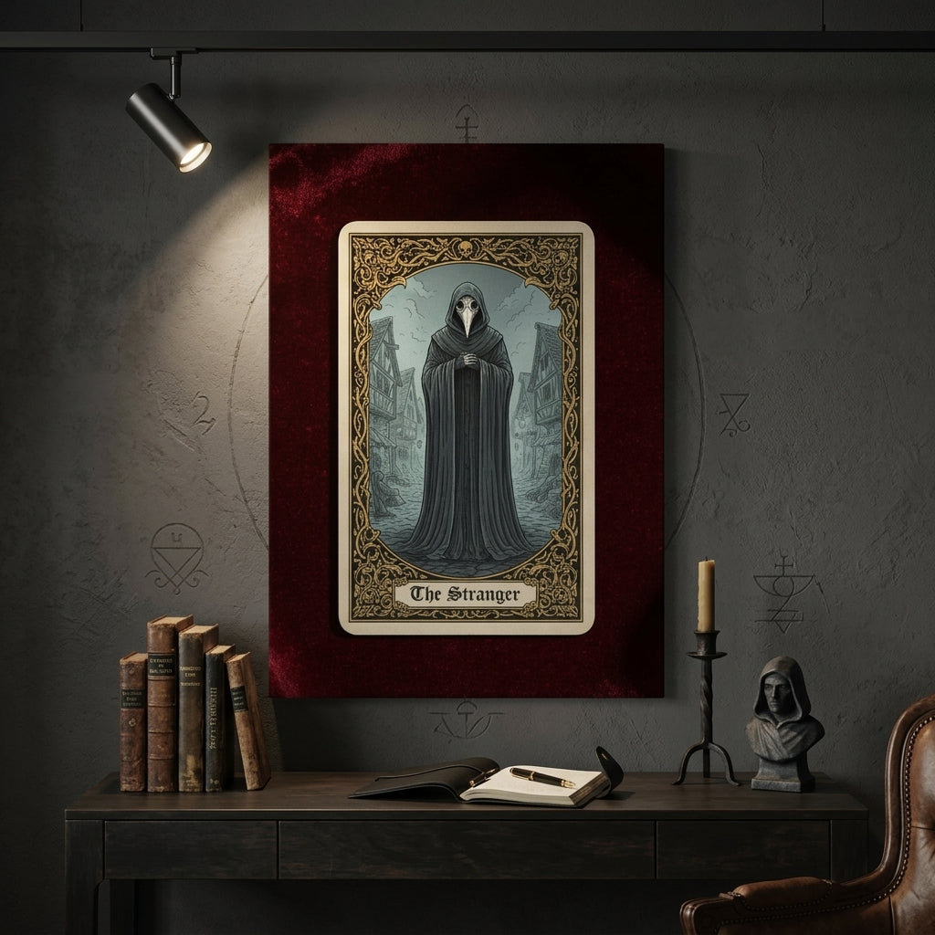 Framed tarot card titled 'The Stranger' on a dark wall with books and a candle.
