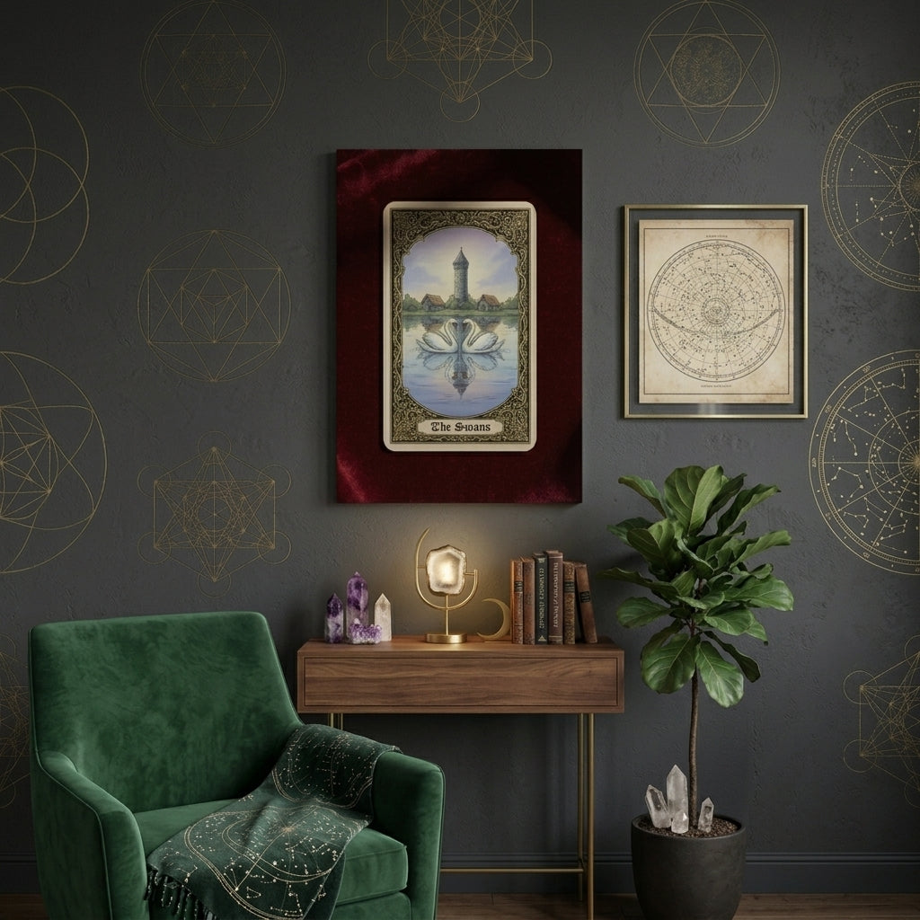 Living room with green armchair, wooden console table, and wall Tarot art depicting swans on a dark gray wall.