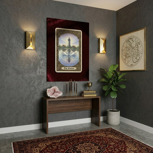 Modern interior with dark gray walls, a wooden console table, and a Tarot Canvas with decorative items.
