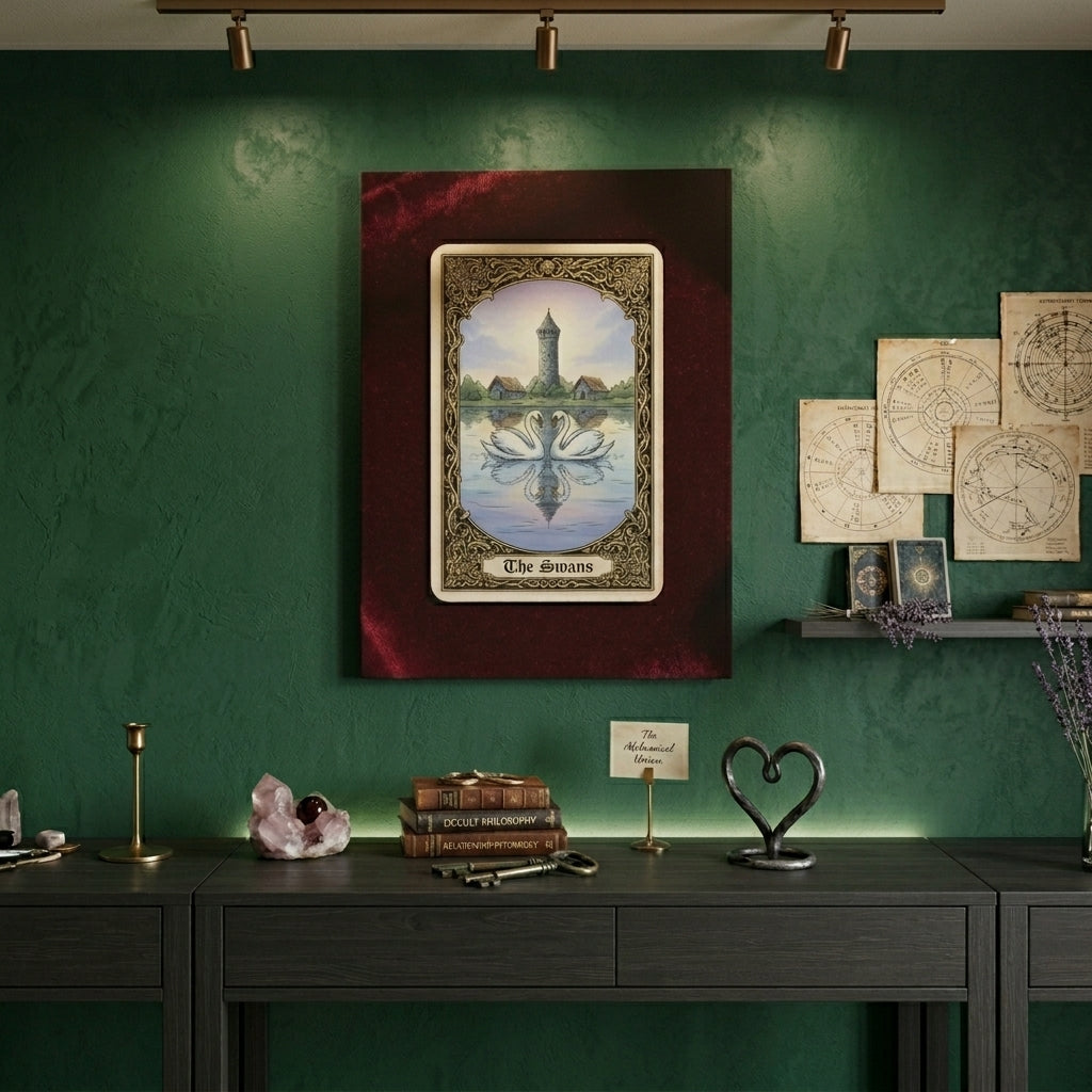 Canvas Tarot artwork of Swans on a green wall with decorative items on a table below.