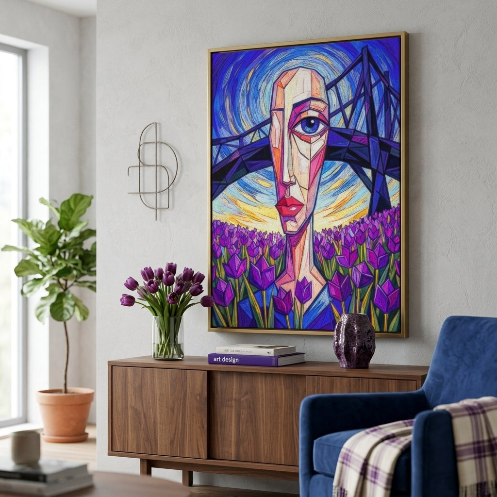 Living room with a colorful abstract cubist Print of a face and bridge, a vase of purple tulips, and a blue armchair.