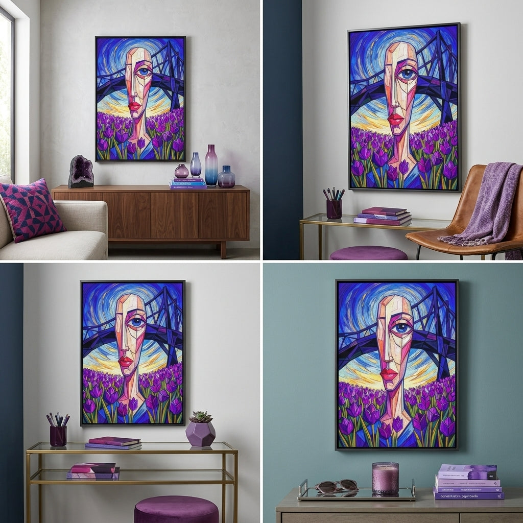 Collage of a colorful abstract cubist painting in various room settings.