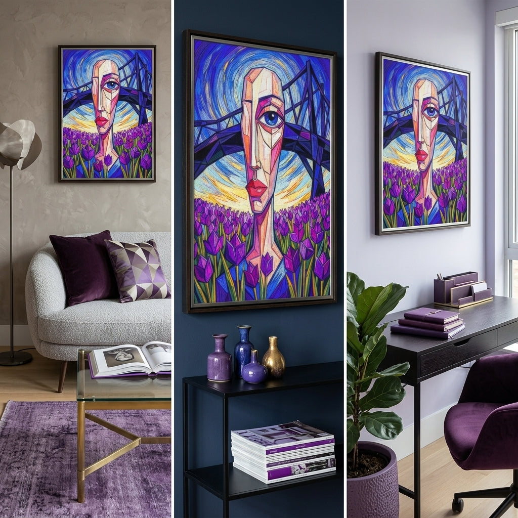 Collage of a colorful abstract painting of a woman's face with purple flowers in various settings.