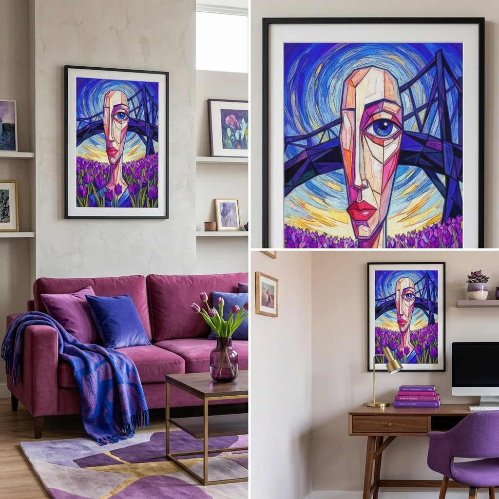 Collage of a living room and office with abstract art featuring a stylized face and bridge.