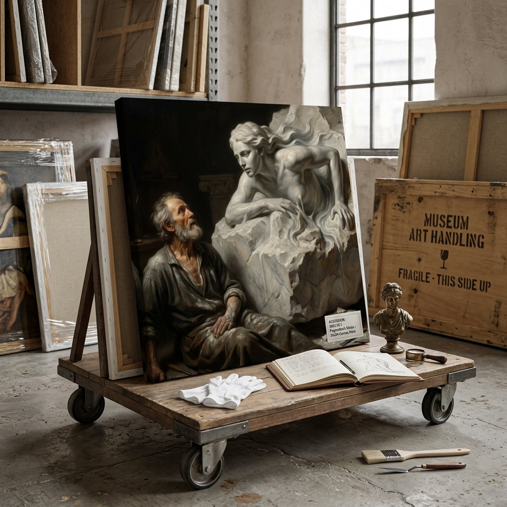 Artistic scene with a sculpture and neo classical canvas portrait of a sculptor and his creation on a wooden cart in an art studio setting.