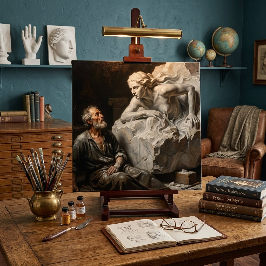 Artistic workspace with a neo classical portrait canvas of a sculptor and his creation, a man and a woman, brushes, and books on a wooden table.