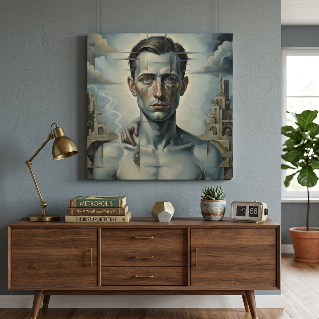 Fractured Man surrealist portrait canvas print above a mid-century sideboard with books and brass lamp