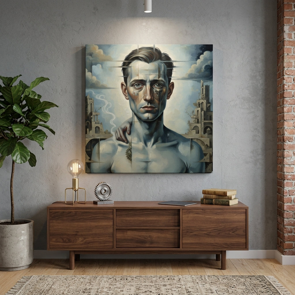 Fractured Man surrealist canvas print styled above a sideboard with Edison bulb lamp and gear decor