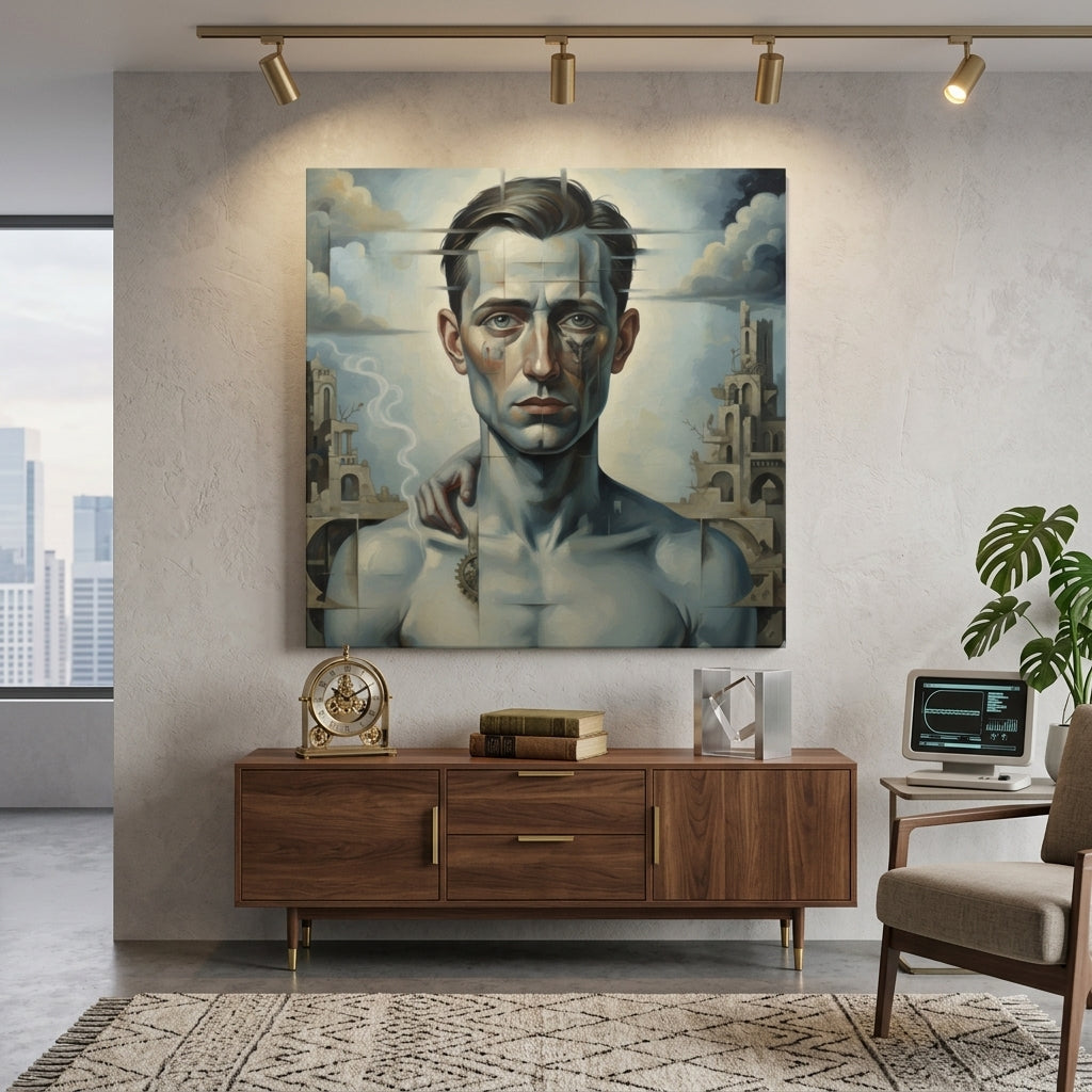Fractured Man surrealist portrait print on a gallery wall above a wooden credenza with track lighting