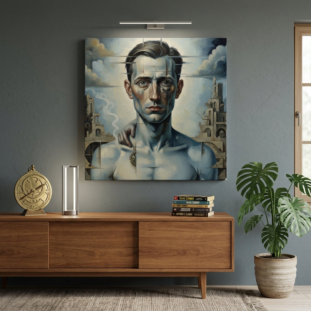 Fractured Man surrealist portrait print above a console with sci-fi books and monstera plant