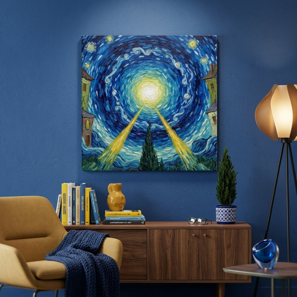 Living room with Van Gogh styled The Still Point Canvas print on a blue wall surrounded by art deco furniture.