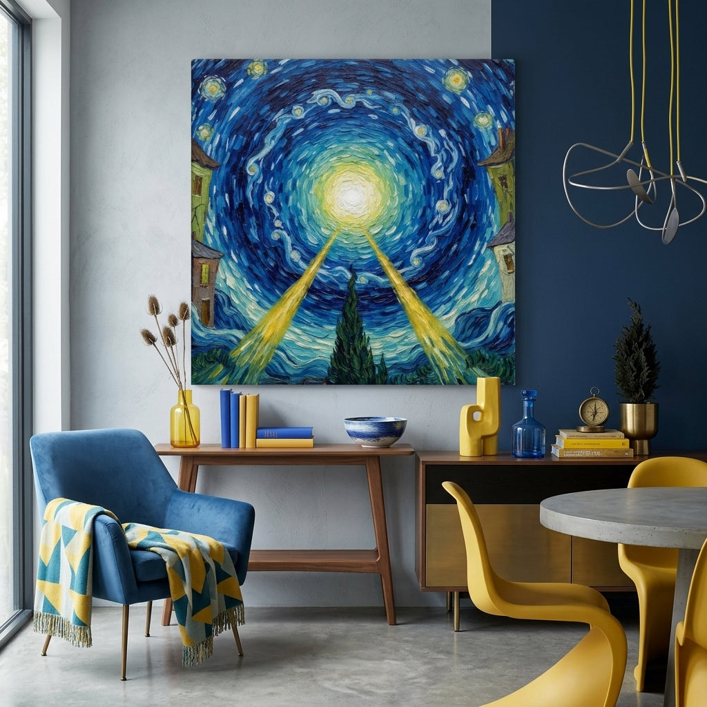 Modern interior Living room with Van Gogh styled The Still Point Canvas print on a blue wall surrounded by art deco furniture.