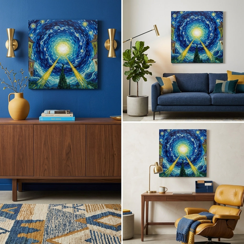 Collage of Living rooms with Van Gogh styled The Still Point Canvas print on a blue wall surrounded by art deco furniture.