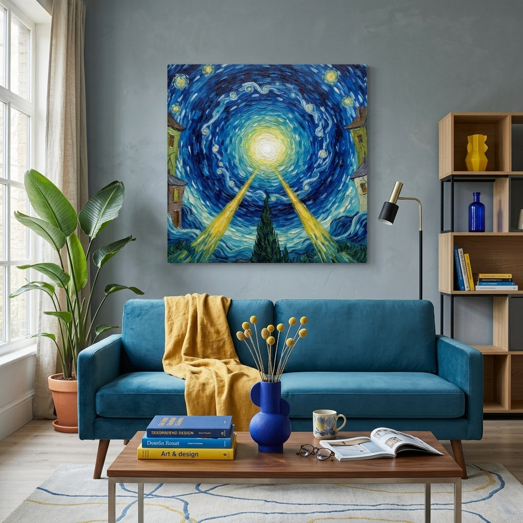 Living room with a blue sofa, coffee table, and 'Van Gogh style print on the wall.