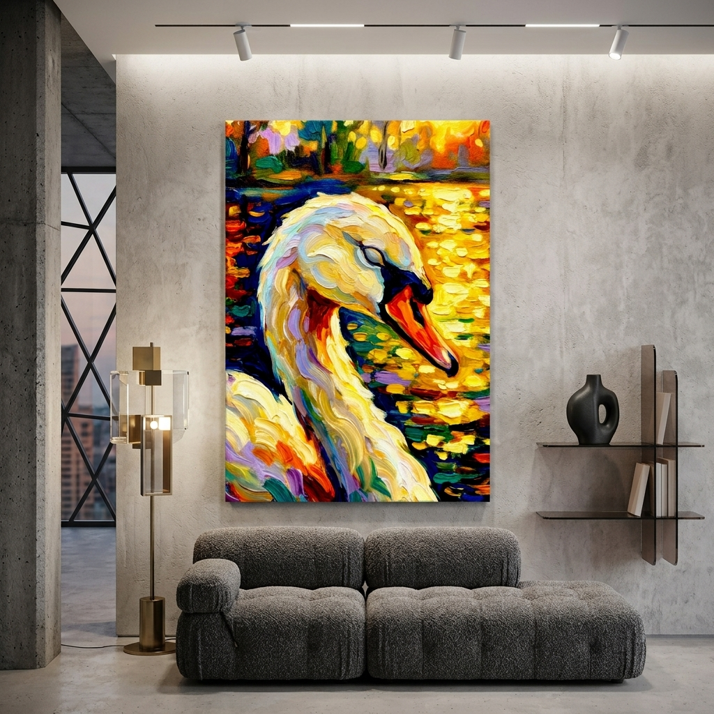 "Swan at Sunrise" Canvas Print – Textured Impasto Nature Wall Art