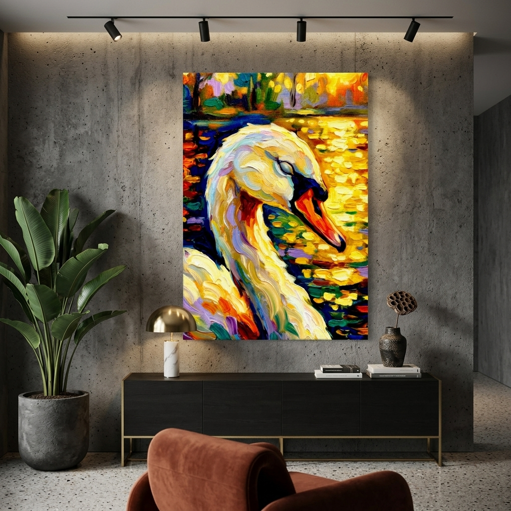 "Swan at Sunrise" Canvas Print – Textured Impasto Nature Wall Art