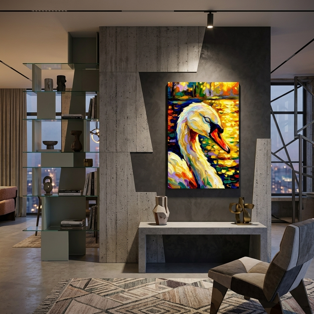 "Swan at Sunrise" Canvas Print – Textured Impasto Nature Wall Art