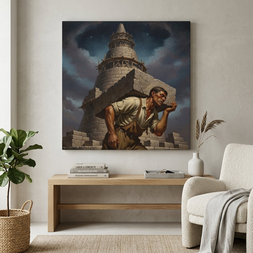 an american realism style canvas print of a man building a pyramid in a living room setting.