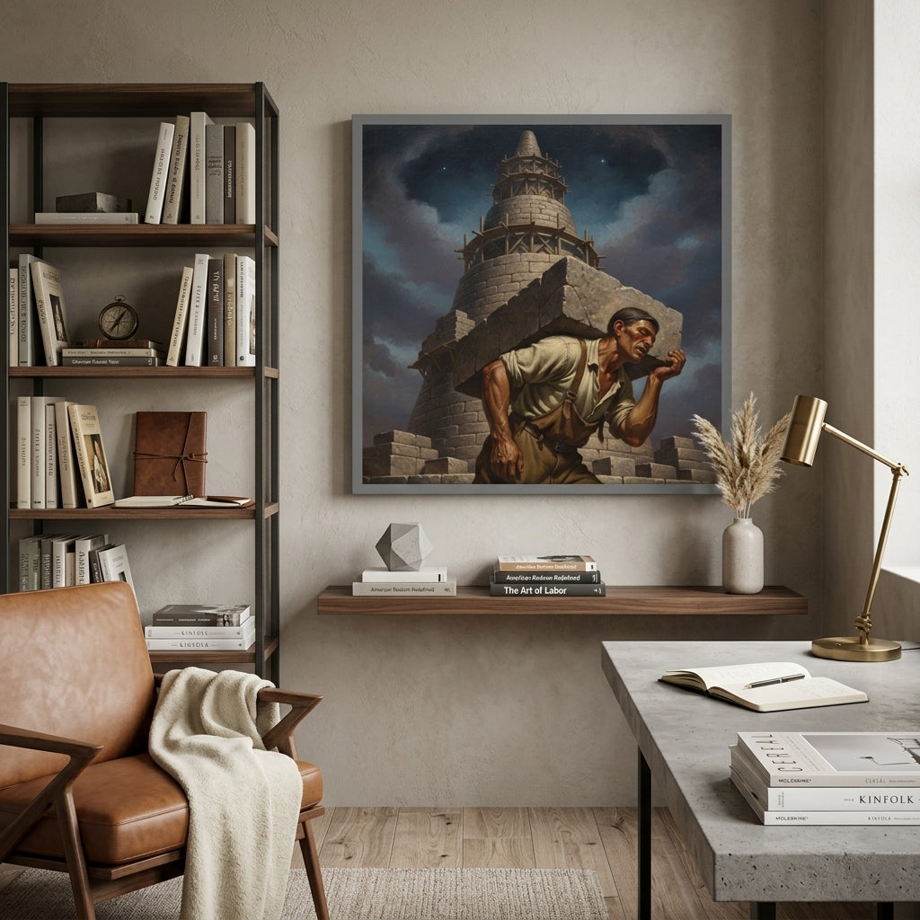 Modern interior with a bookshelf, a framed american realism style print of a man carrying a stone, and desk.